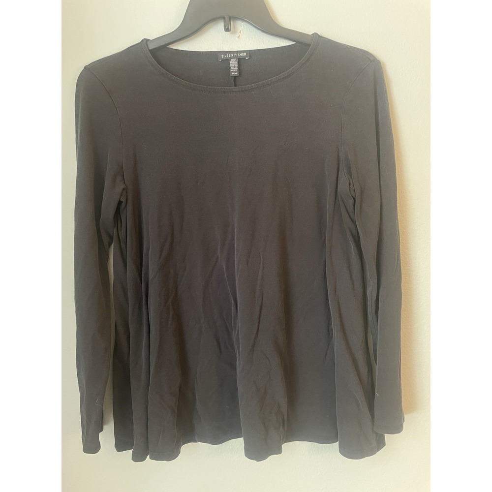 EILEEN FISHER Top Medium Tencel Jersey Tunic Round Neck Long Sleeve Black